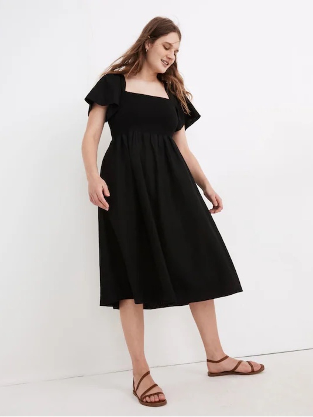 Madewell Linen Blend Lucie Smocked Flutter Sleeve Cottagecore Midi Dress 2X